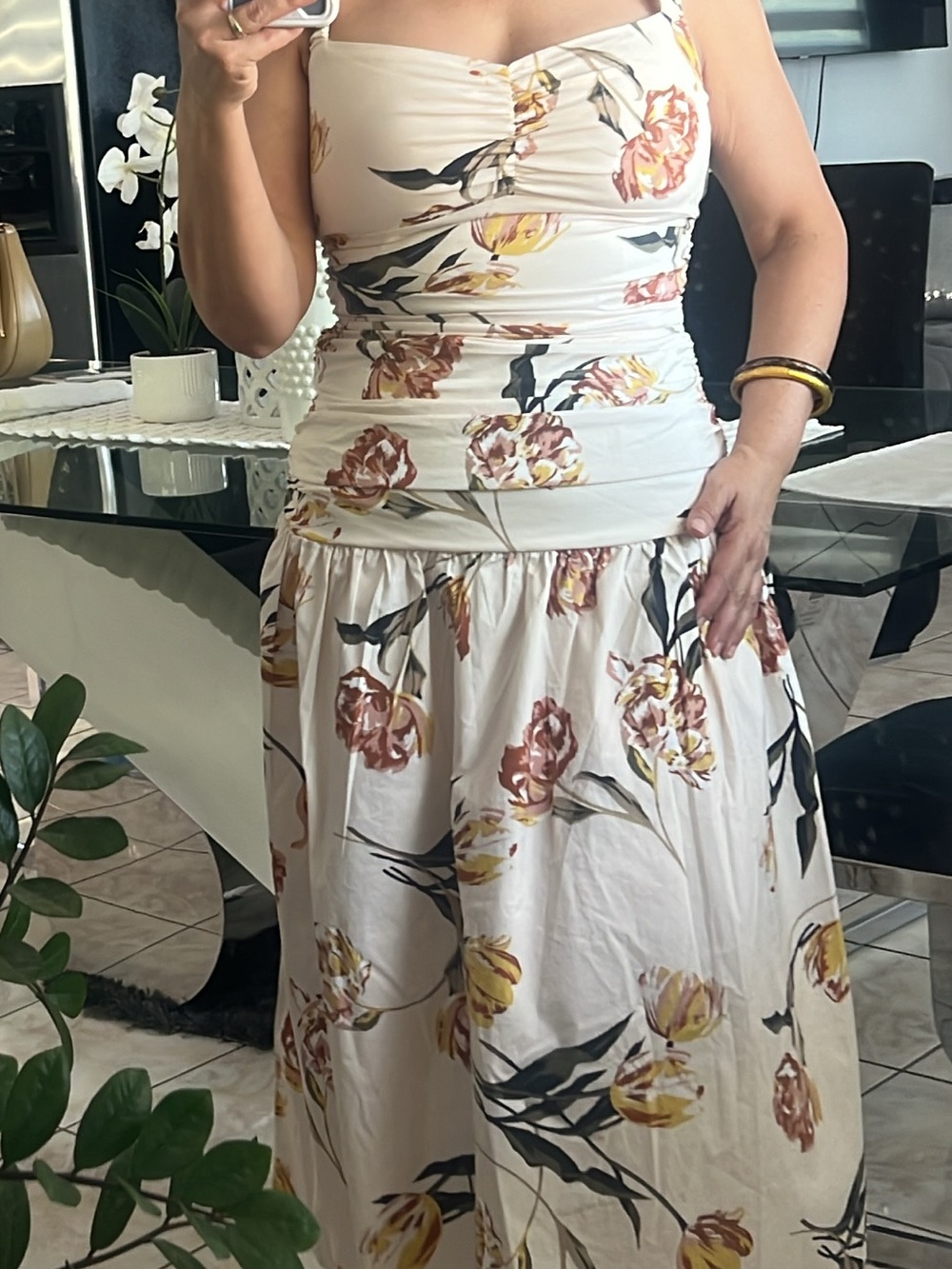 RACHEL Rachel Roy Cream Floral Tiered Midi Dress with Yellow and Pink Blooms